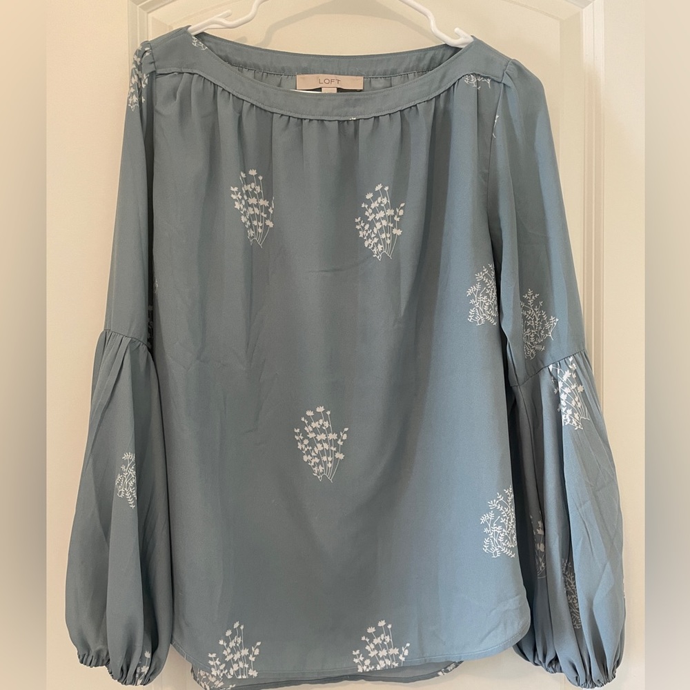 LOFT blue blouse with white floral embroidery detail S